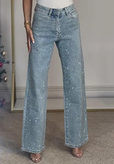 Straight Leg Jeans Rhinestone Denim Pants Glitter Jeans
